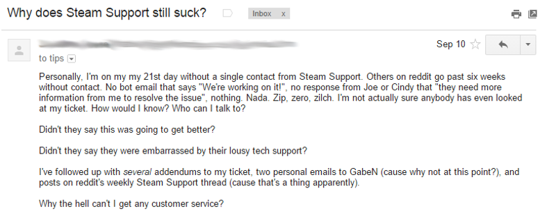 Illustration for article titled Steam Customer Service Is Still Terrible